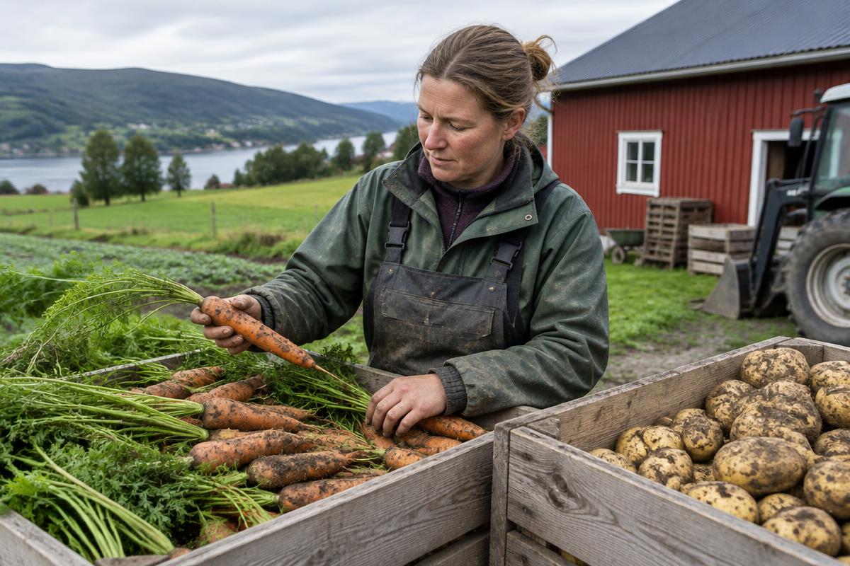 Illustrasjon av en bonde som undersøker gulrøtter ved høstekasser på en gård