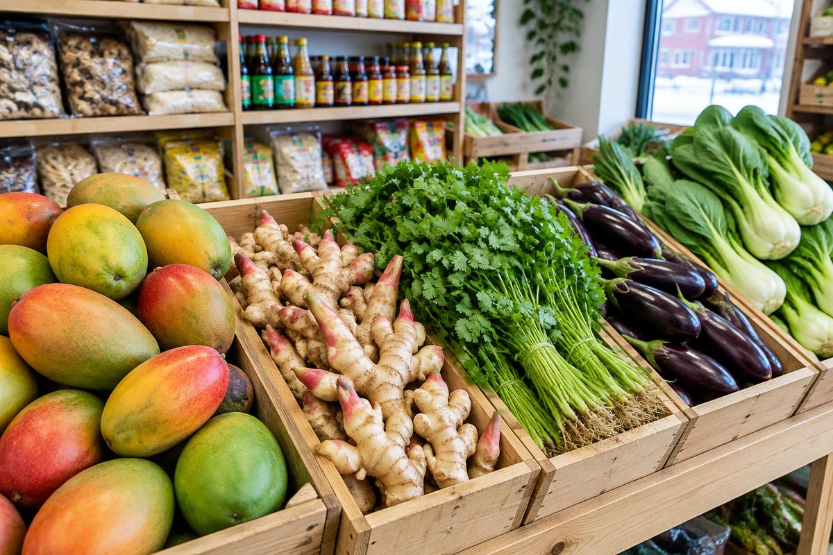 Mango, ingefær, koriander og pak choi i grønnsaksdisk